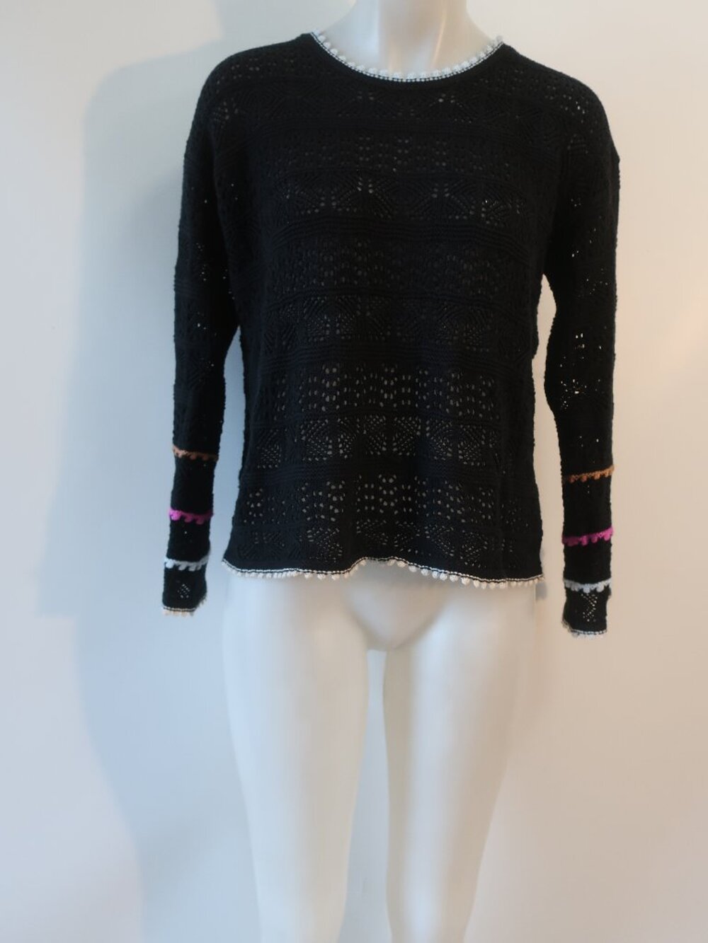 Womens Lisa Todd Black Open Knit Sleeve Striped Sweater M
